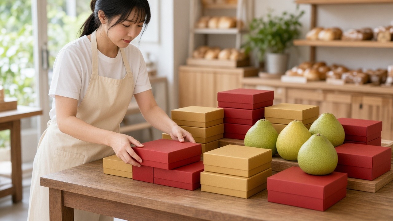 烘焙坊店員在明亮的店內整理中秋節禮盒與節慶商品陳列