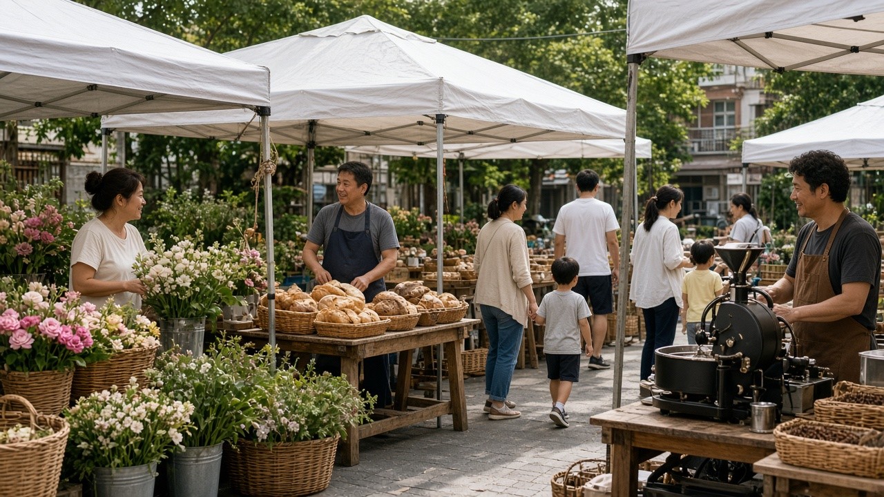 不同產業的台灣小店老闆在戶外商圈市集攤位前一起合作辦活動