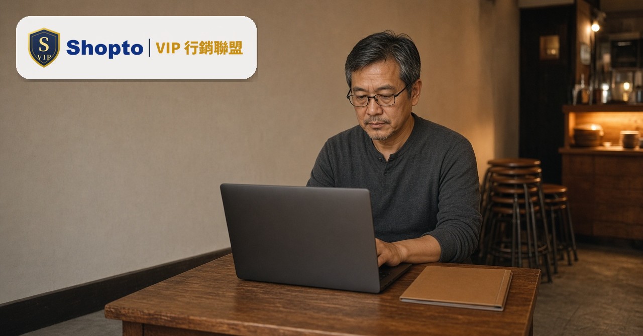 台灣小店老闆打烊後在店內桌前整理文件，研究中小企業補助資料