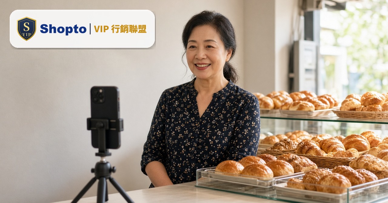 台灣小店老闆在店內櫃檯前拿著手機觀看自家商品的短影片