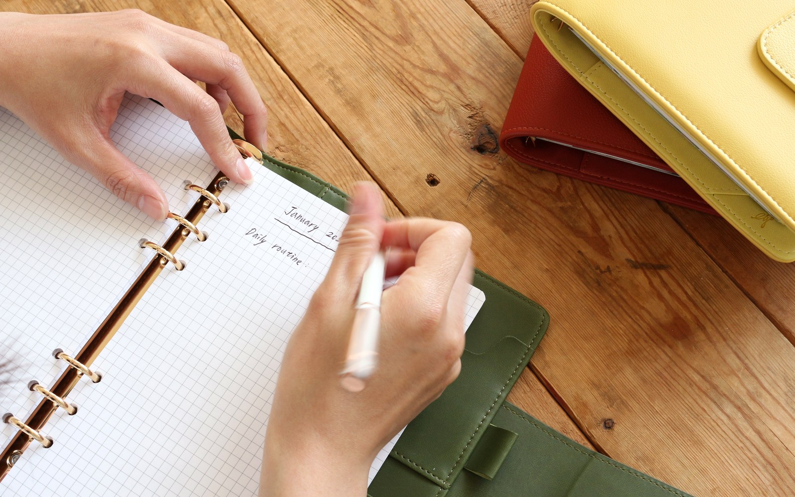 Hand writing a list in an open olive EGOSUNNY Belt planner
