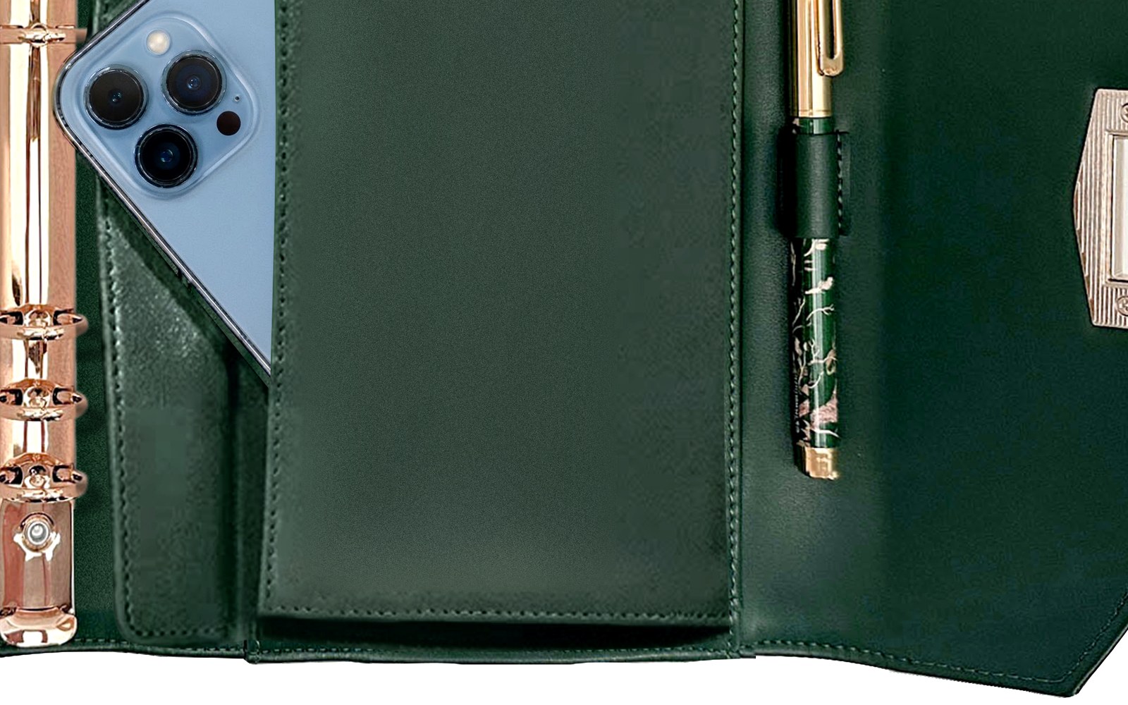 Green EGOSUNNY Terence planner open with a phone and pen in its pockets