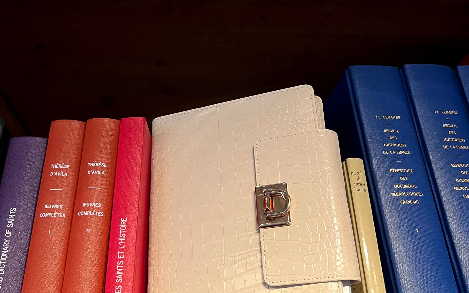 Cream EGOSUNNY Croco planner standing among books on a shelf