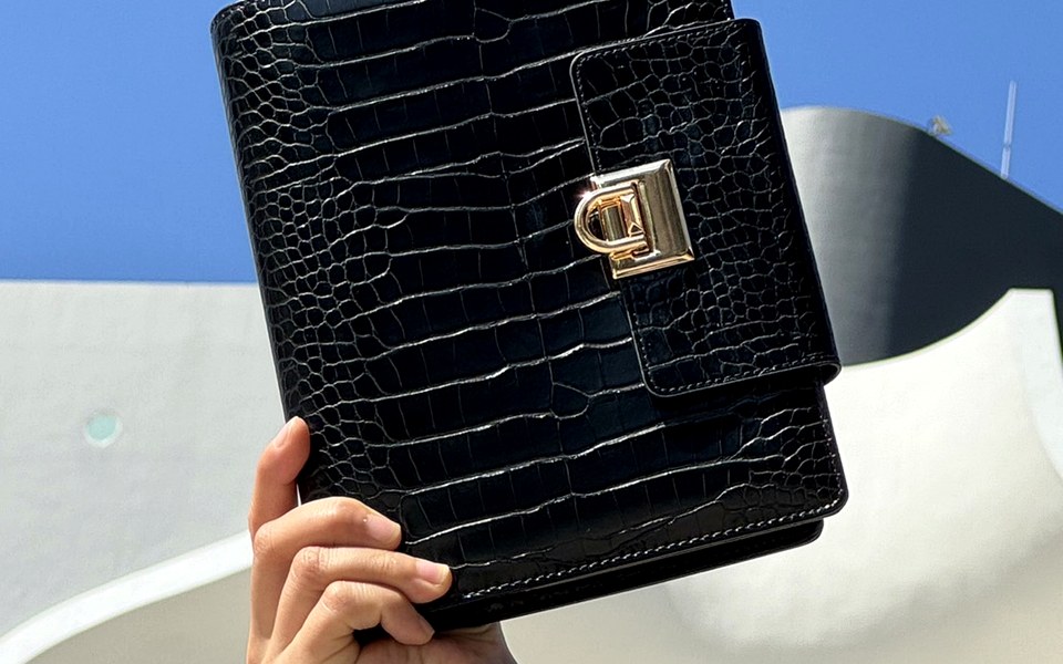 Black EGOSUNNY Croco planner held up against a blue sky