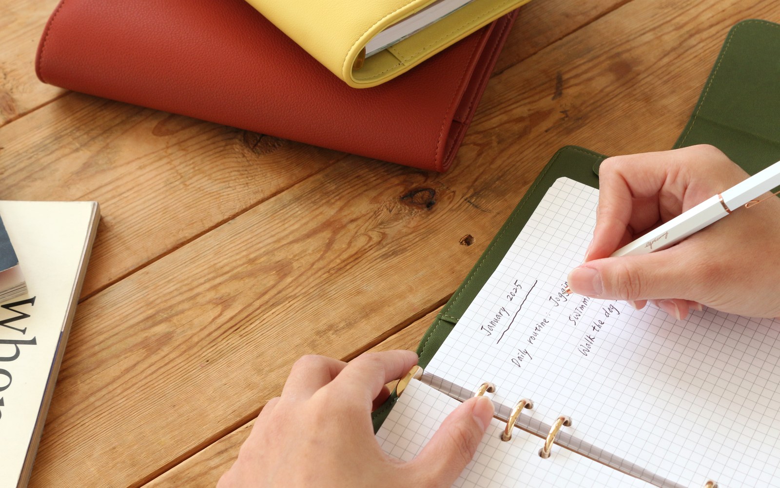 Hand writing in an open olive EGOSUNNY Belt planner