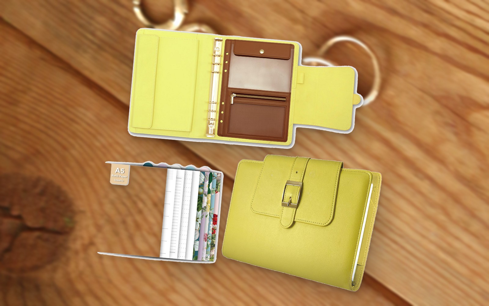 Yellow EGOSUNNY Belt planner shown open and closed on a wooden table