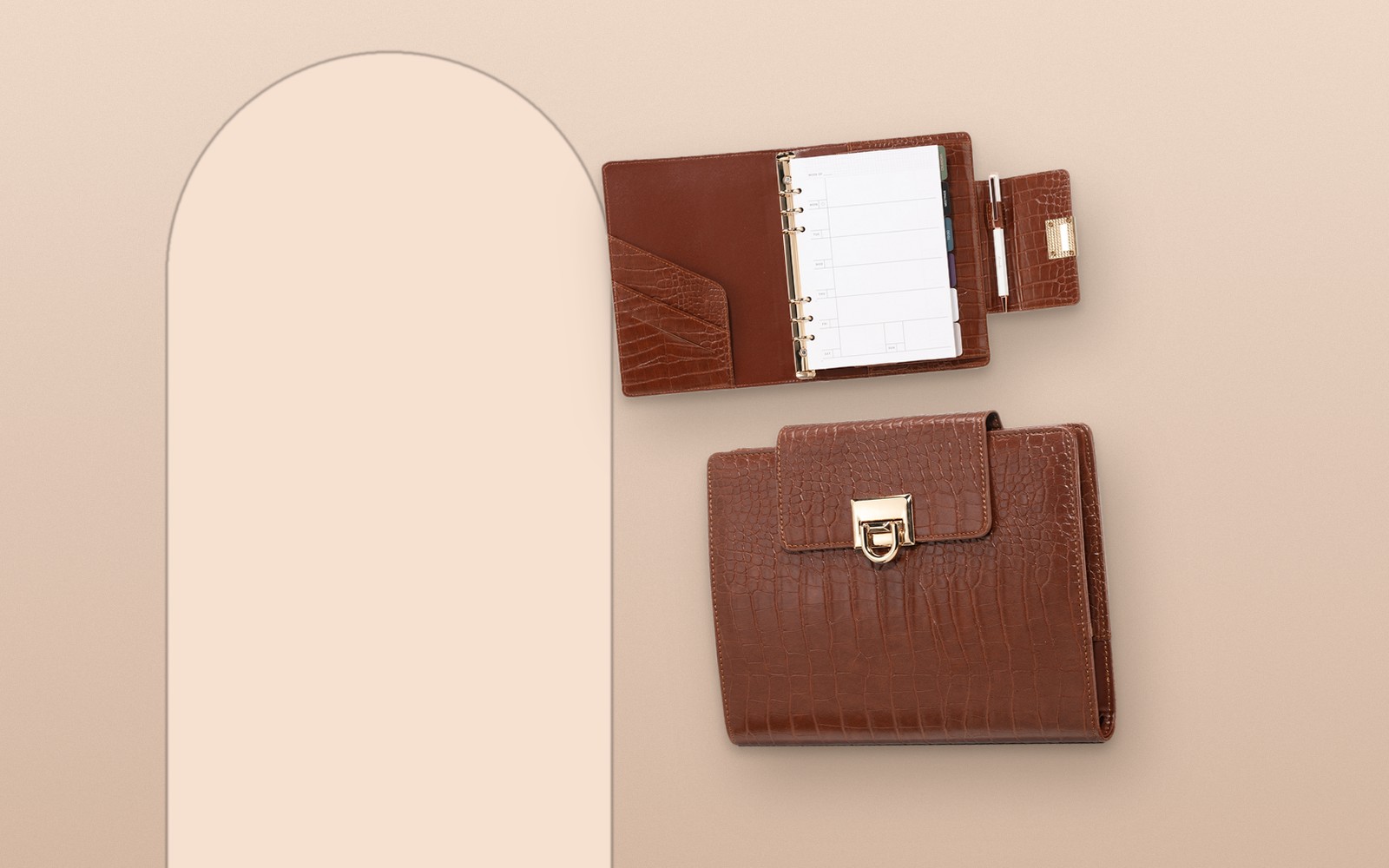 Brown EGOSUNNY Croco planner shown open and closed