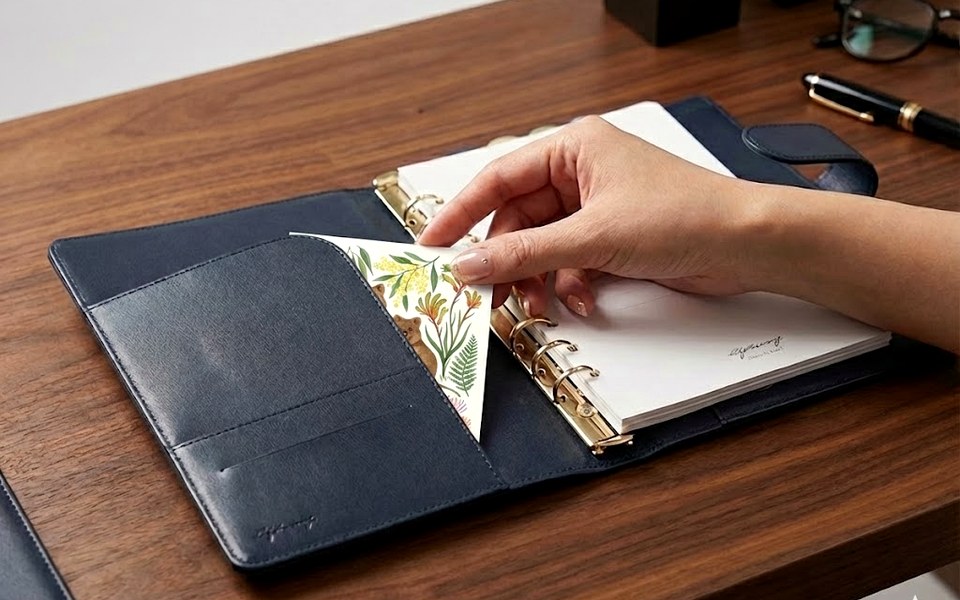 Hand placing a leaf-print divider into a navy EGOSUNNY Terence