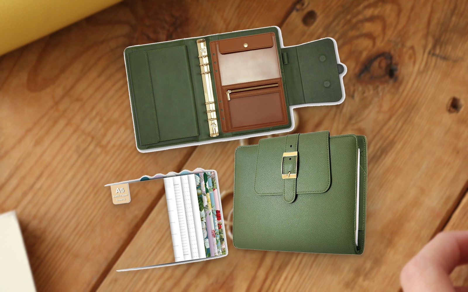 Green EGOSUNNY Belt planner shown open and closed on a wooden table