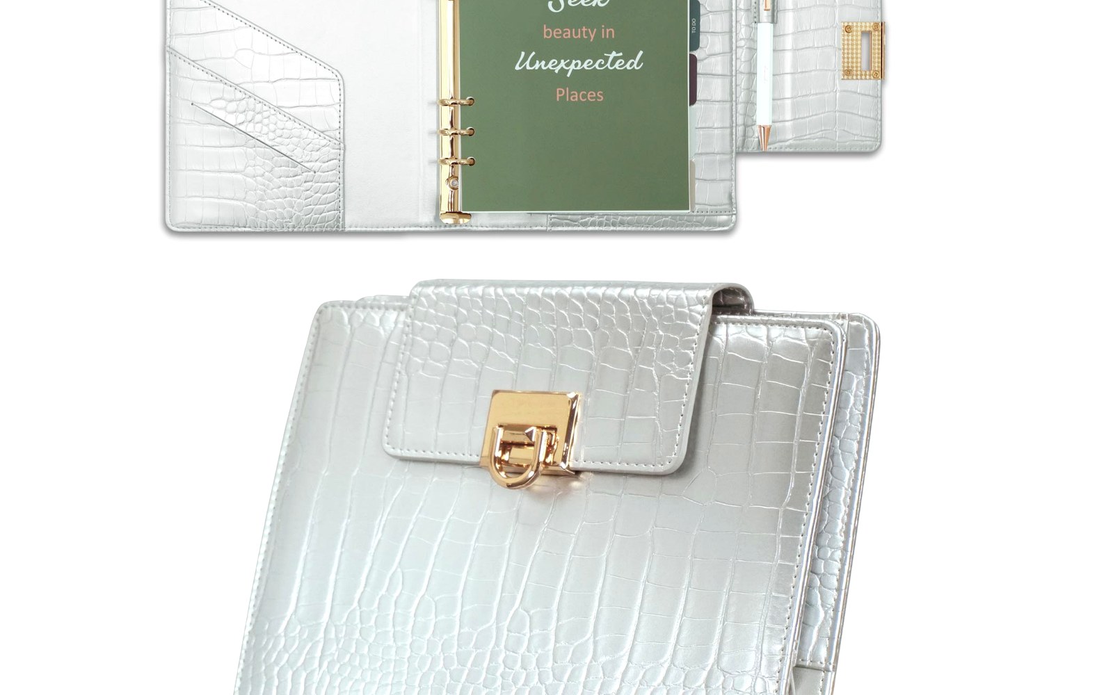 White EGOSUNNY Croco planner shown open and closed on a white background
