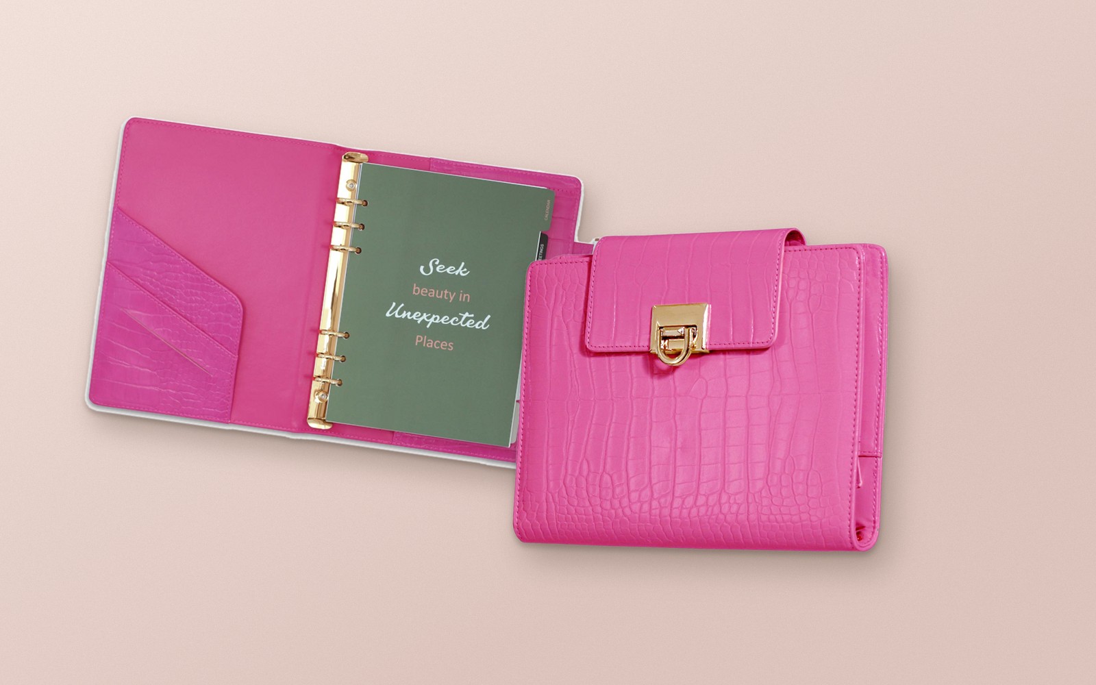 Pink EGOSUNNY Croco planner shown open and closed
