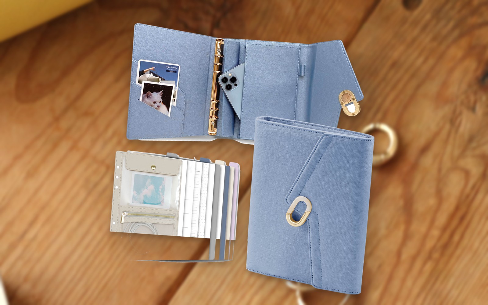 Blue EGOSUNNY L’Éclair planner open and closed on a wooden table
