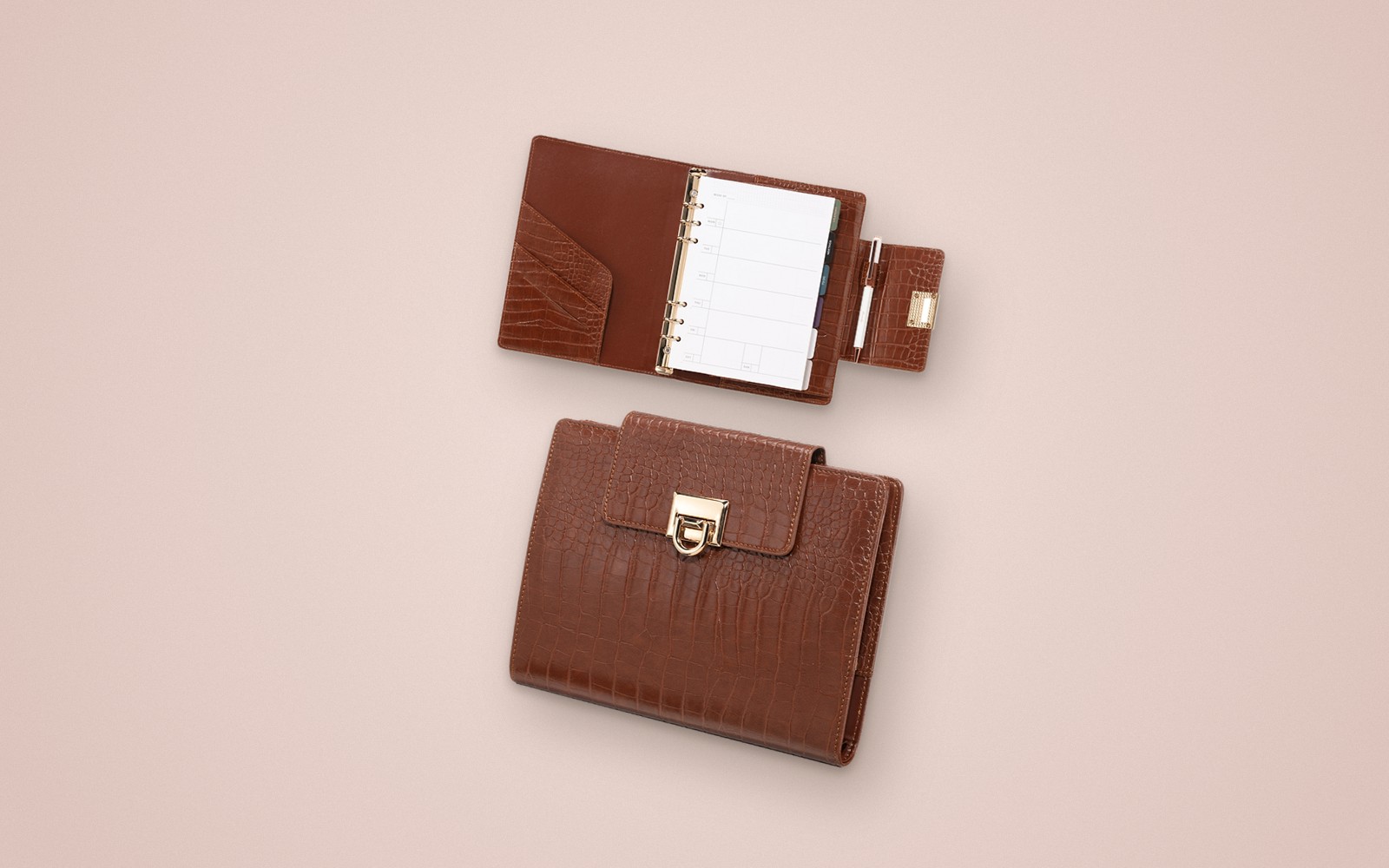 Brown EGOSUNNY Croco planner shown open and closed