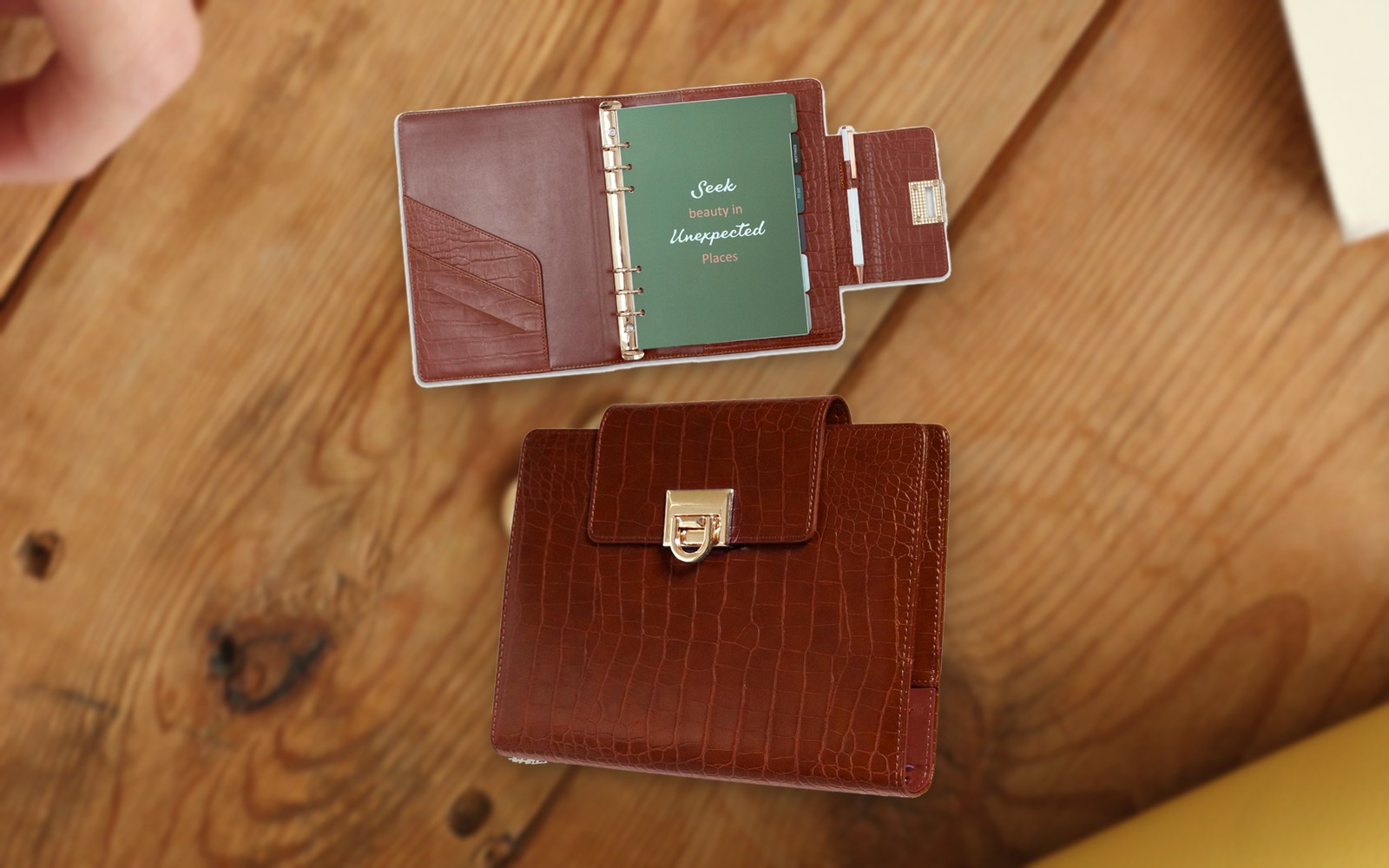 Brown EGOSUNNY Croco planner shown open and closed on a wooden table