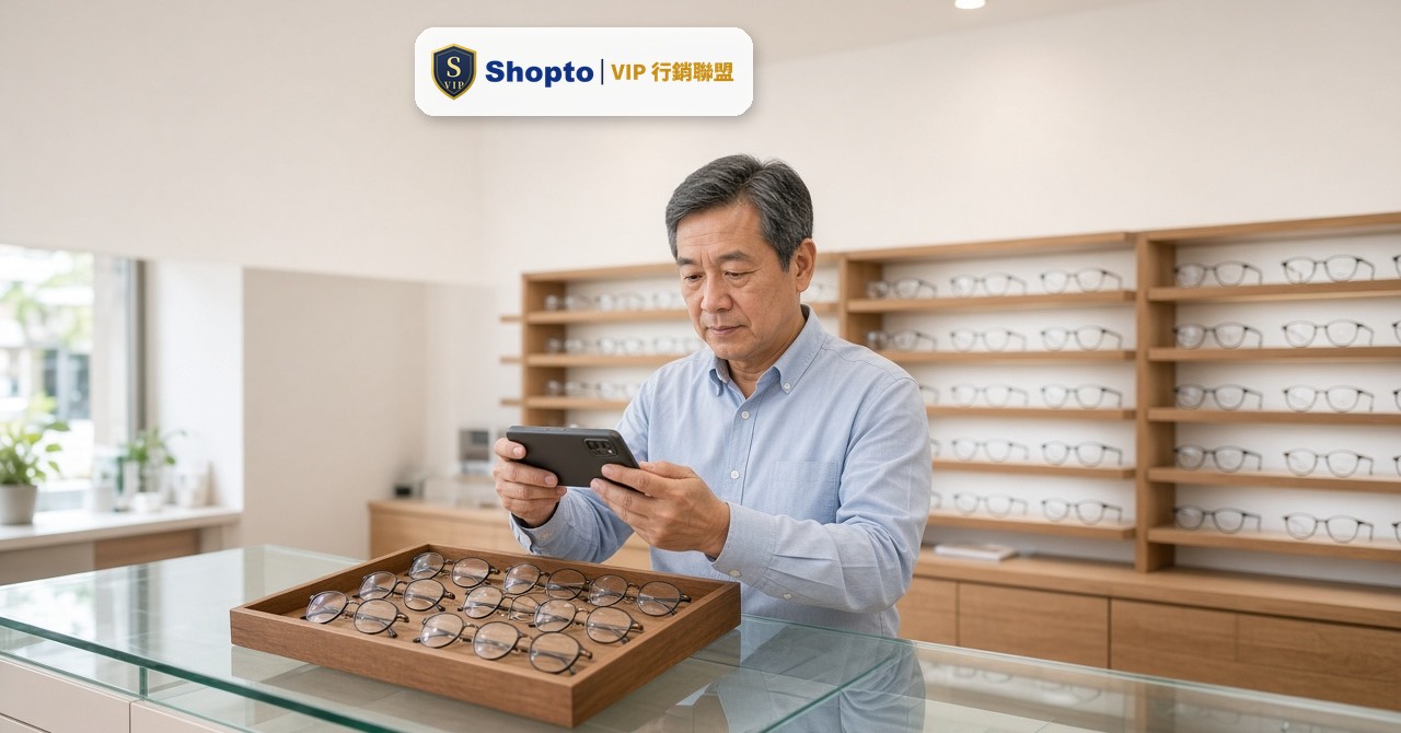 眼鏡行老闆用手機拍攝店內鏡框陳列，準備寫成店家介紹文章