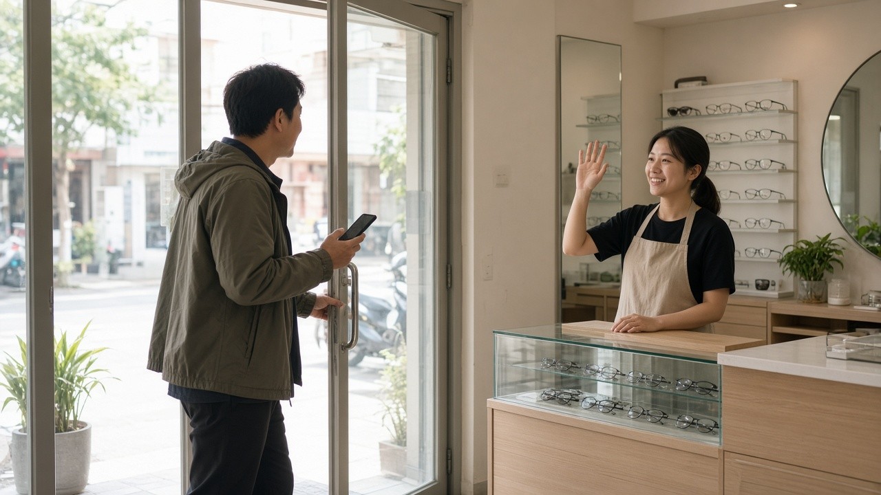 客人拿著手機走進眼鏡行，店員在櫃檯微笑招呼