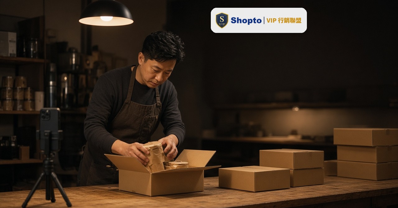 醬料小店老闆在工作檯打包訂單，一旁架著手機準備直播