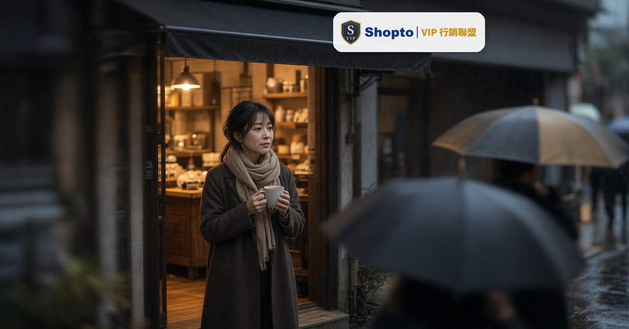 甜品店老闆在下雨的傍晚站在店門口，捧著熱茶望向安靜的街道