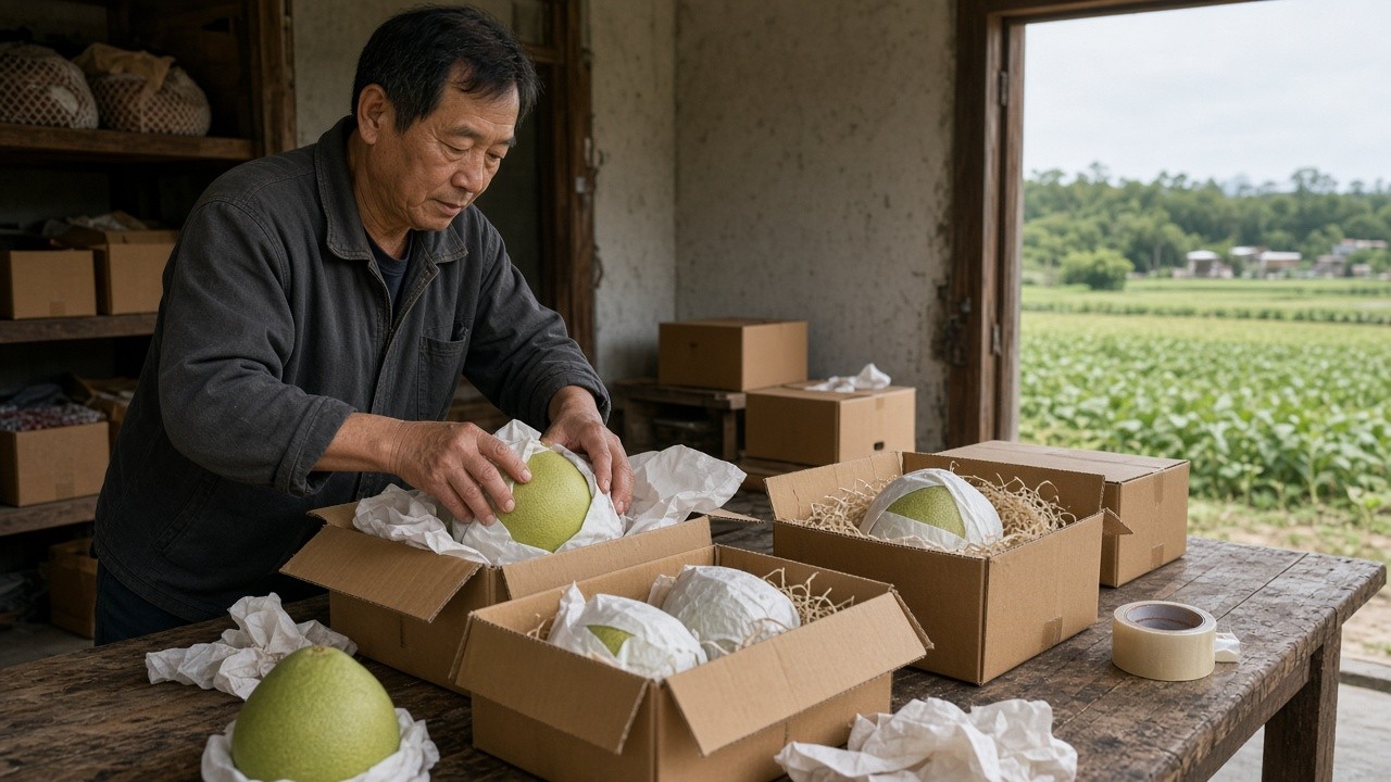鄉鎮小店老闆把在地水果裝進紙箱，準備宅配給外地客人