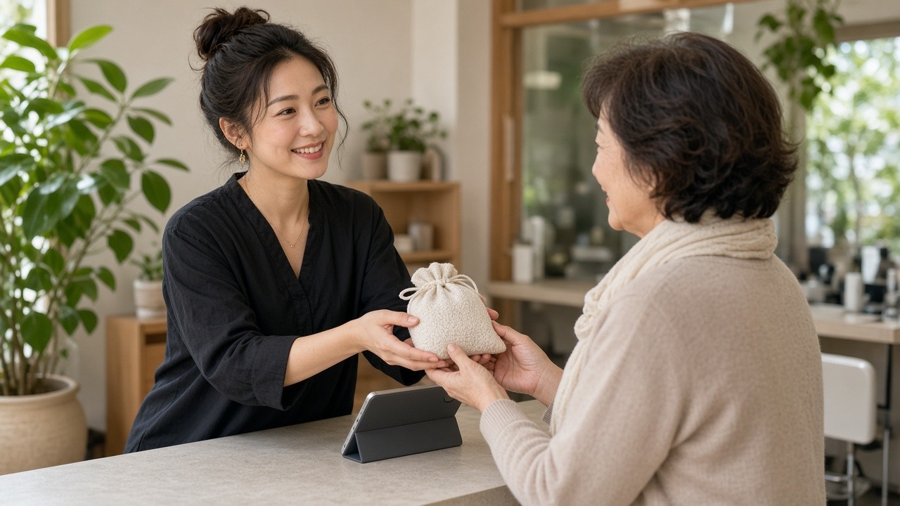 美容小店老闆在櫃檯查看熟客資料,微笑招呼回訪的客人
