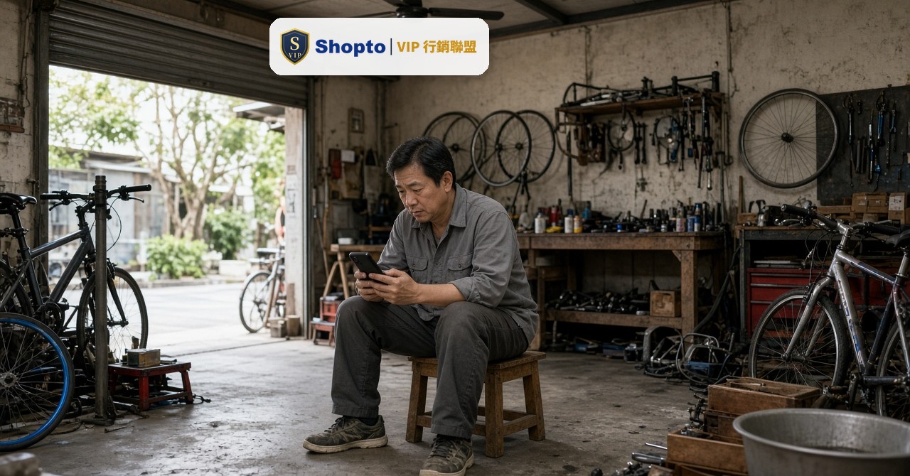 腳踏車行老闆在工作間坐著看手機，研究新的行銷工具