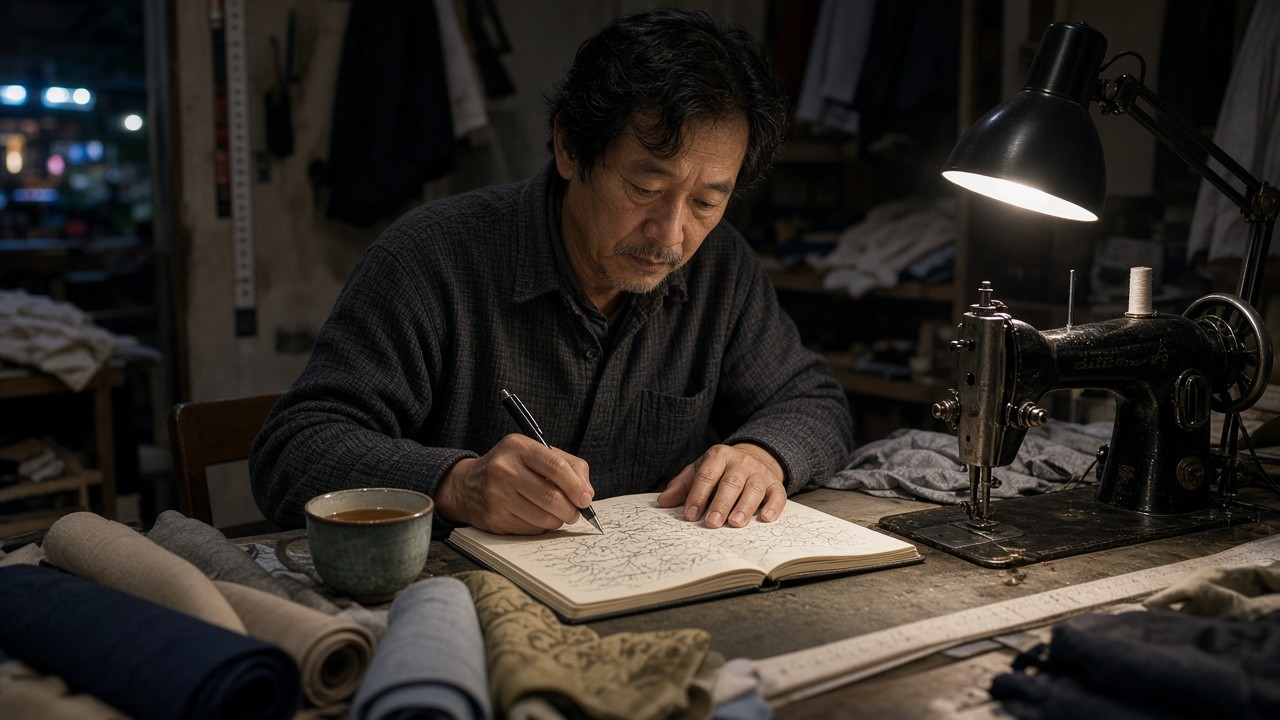 修改衣服小店的老闆在夜晚的工作檯前整理筆記，規劃接下來的行銷做法