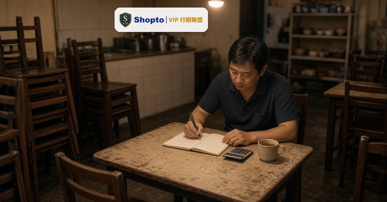 便當店老闆晚上在收店後坐在空桌前,攤開筆記本規劃明年的行銷花費