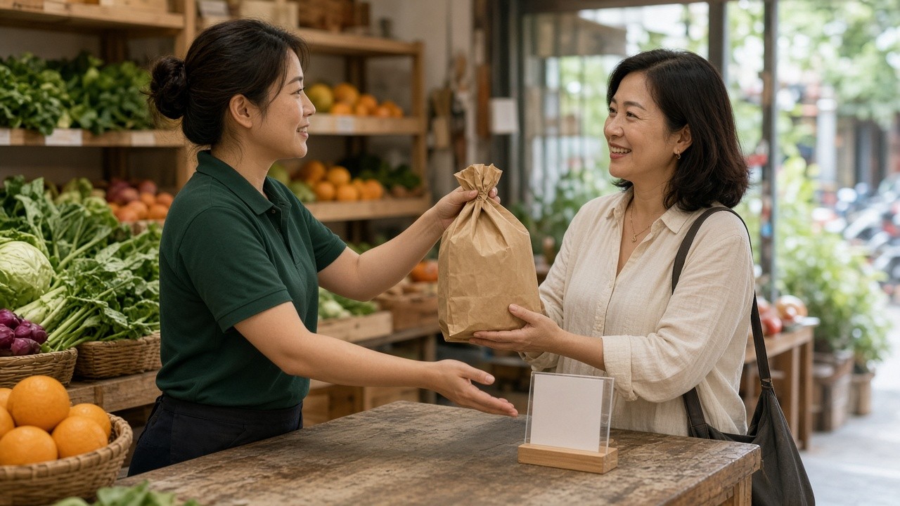 蔬果行店員把裝好的紙袋交給客人,並指著櫃檯上的官方帳號提示卡