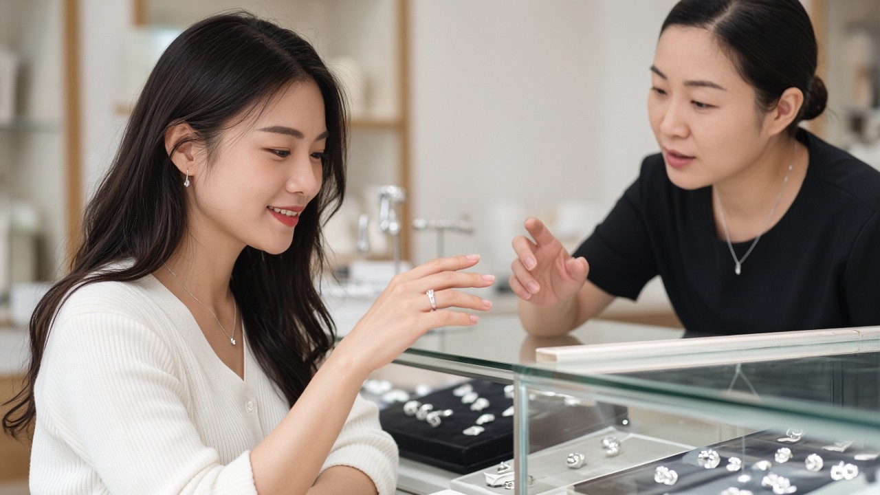客人在銀飾店試戴戒指,店員在一旁說明保養方式