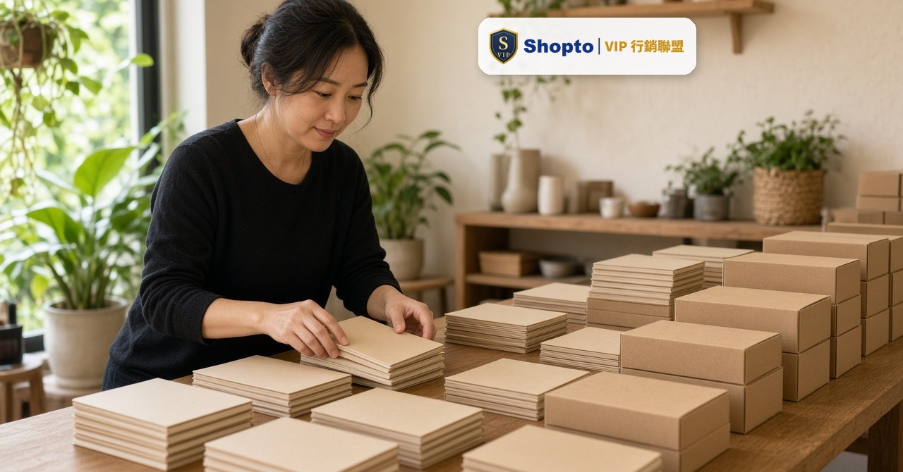文印禮品店人員在長桌上清點印好的客製筆記本與紙盒,準備出貨給公司行號