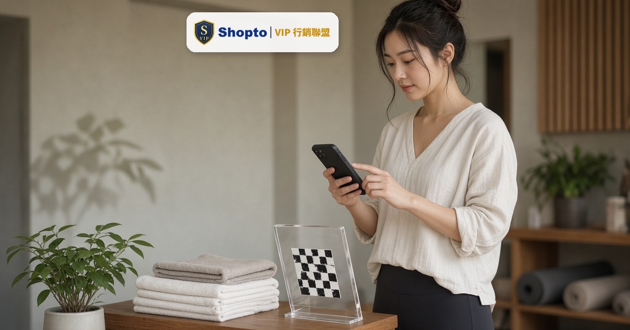 瑜珈教室櫃台放著一張立牌,學員用手機掃描上方的 QR Code