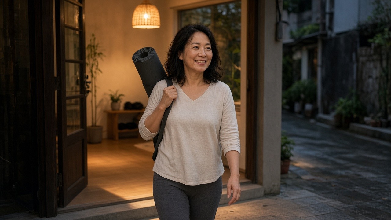 學員在瑜珈教室門口完成掃碼後微笑離開,傍晚燈光柔和