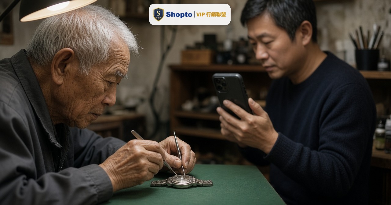 傳統鐘錶行裡,年長老師傅在工作燈下修錶,女兒在一旁用平板整理資料