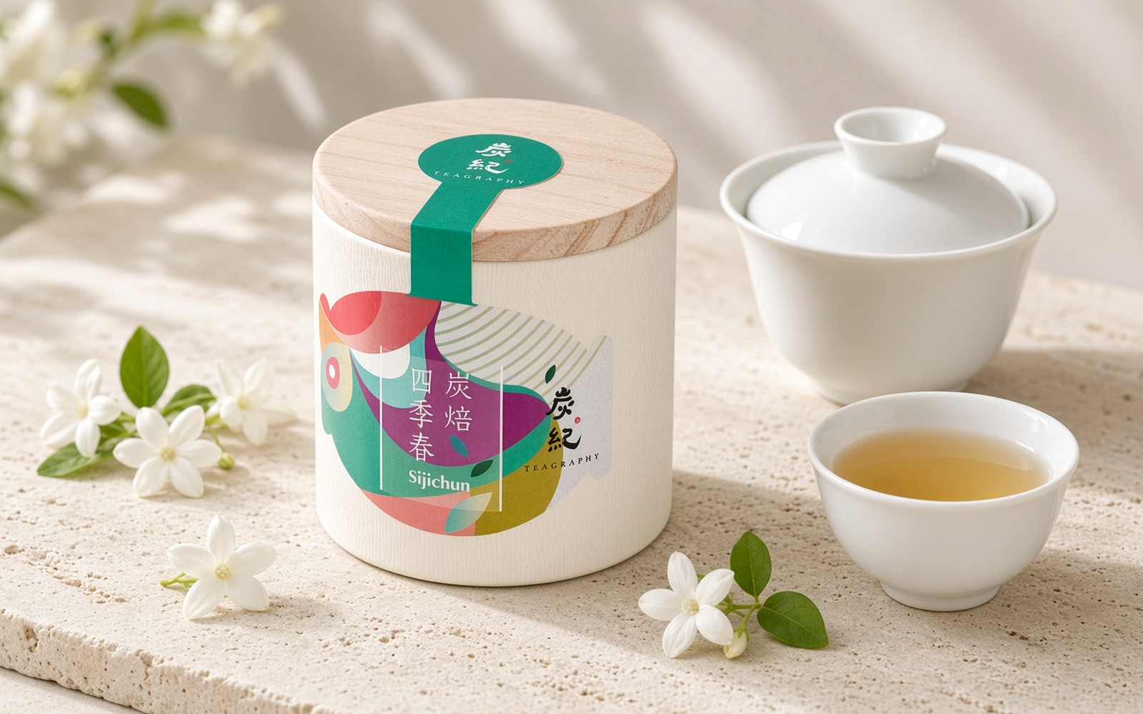 TEAGRAPHY Si Ji Chun can beside a pale golden cup of lightly oxidised oolong