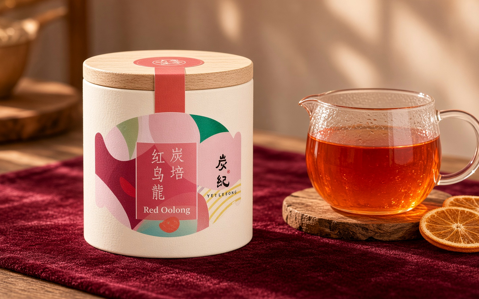 TEAGRAPHY Red Oolong can with a bright orange-red cup showing heavy oxidation