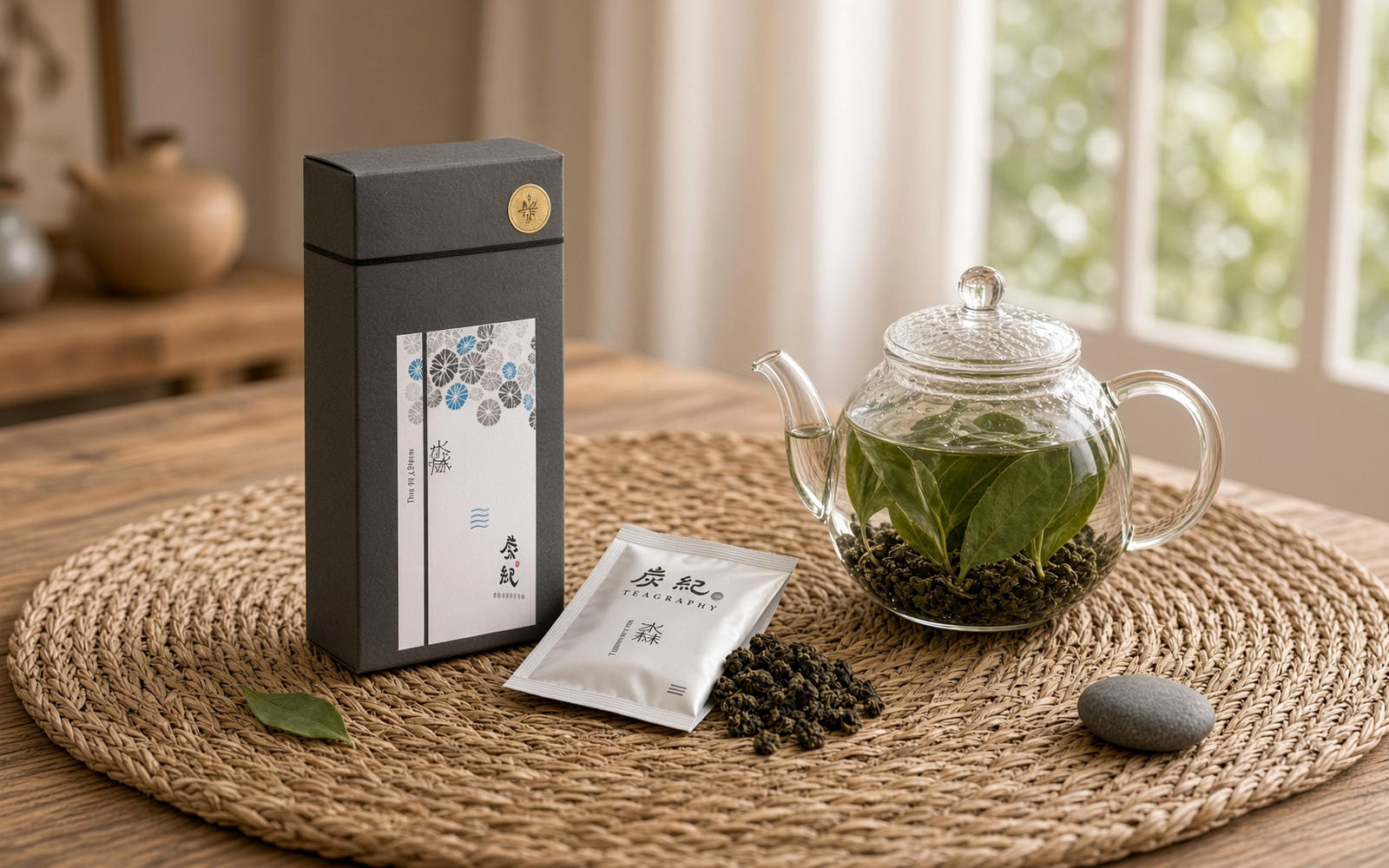 Whole-leaf Qingxin oolong from a TEAGRAPHY sachet unfurling in a teapot