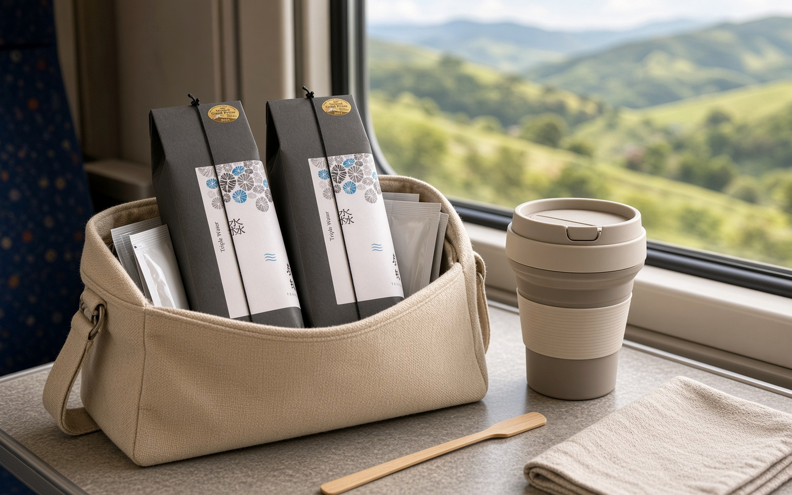 TEAGRAPHY Qingxin oolong sachet box packed for travel with a small cup