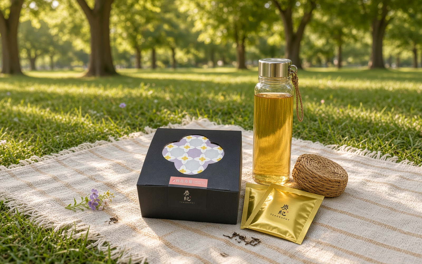 Cold-brewed TEAGRAPHY Osmanthus Oolong in a glass with golden sachets