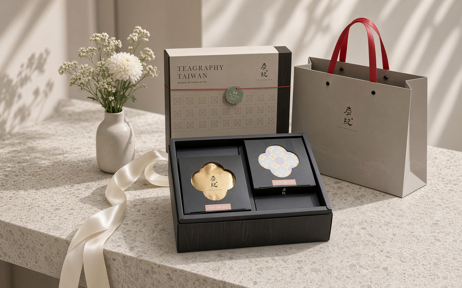 TEAGRAPHY Sun and Moon Imprints Gift Box opened with Jin Xuan pack and osmanthus sachets