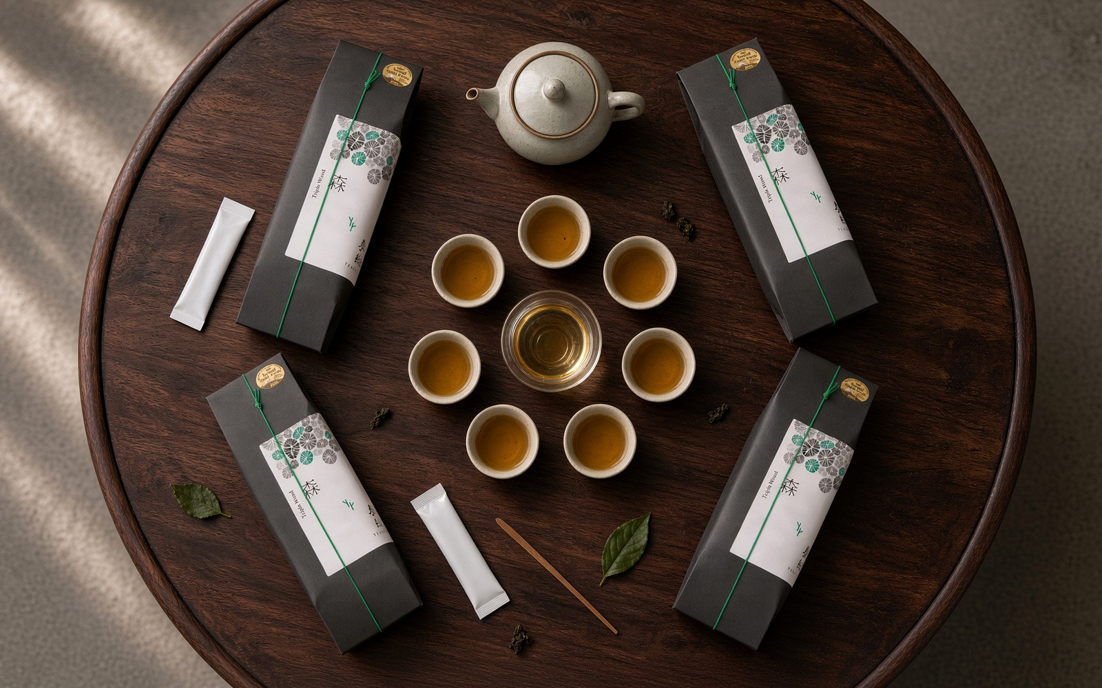TEAGRAPHY Sen Wood oolong box on a gongfu tea table with small cups