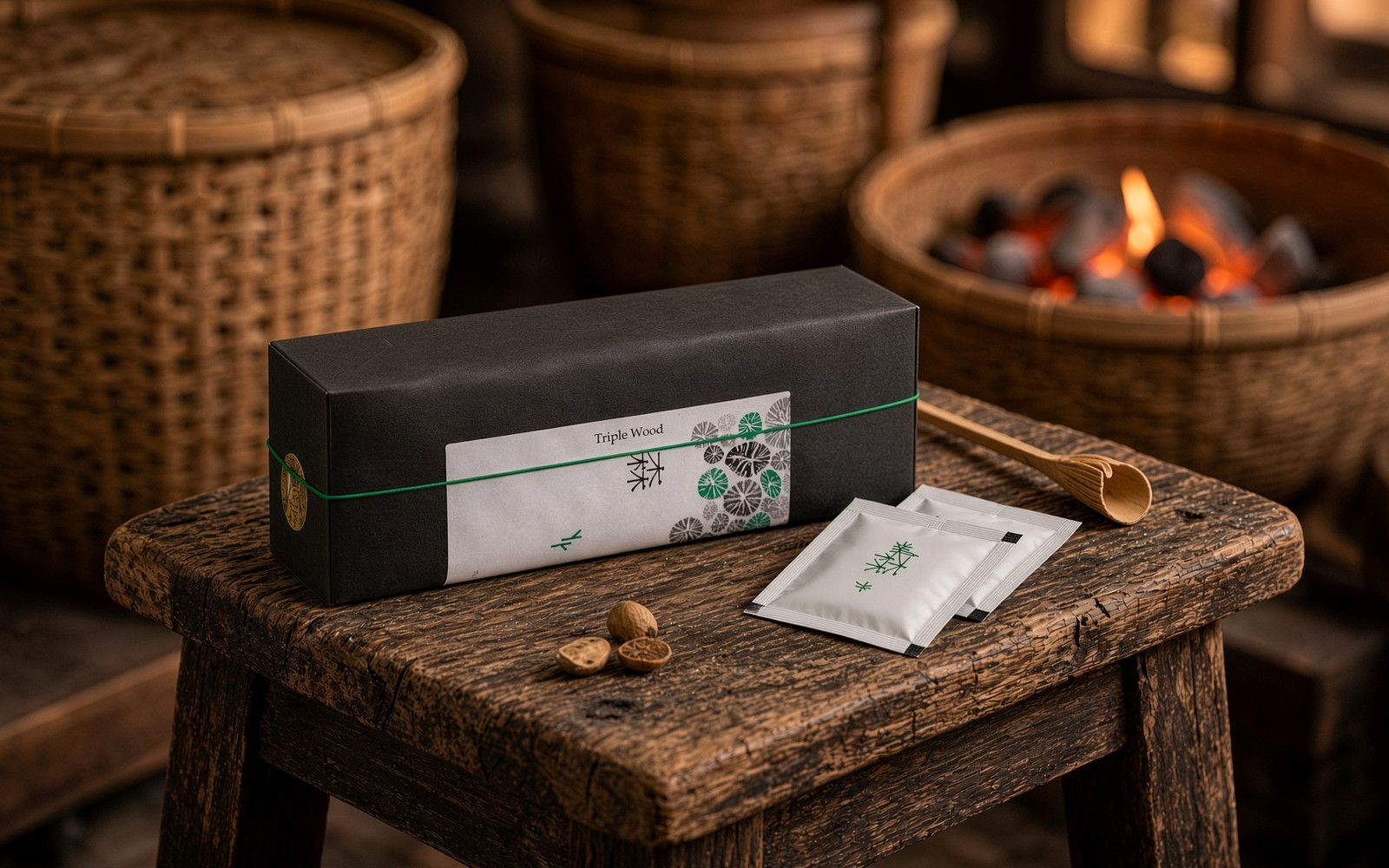 Nantou tea craft scene with longan charcoal roasting and a TEAGRAPHY box