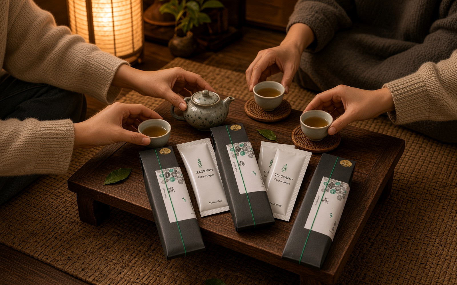Friends sharing Taiwanese oolong around a small teapot with TEAGRAPHY tea