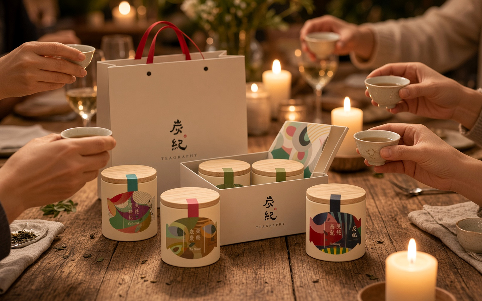 Friends at a home tea tasting with the TEAGRAPHY Four Seasons gift box