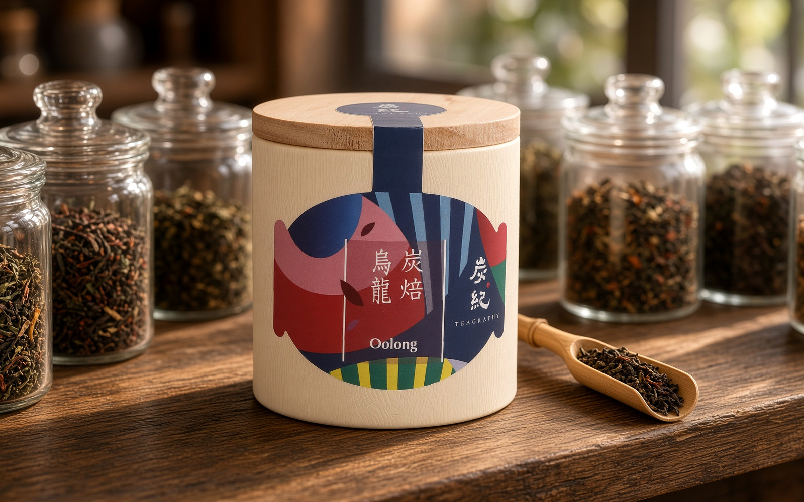 カフェのカウンターに置かれた炭紀の台湾烏龍茶と業務用の茶葉
