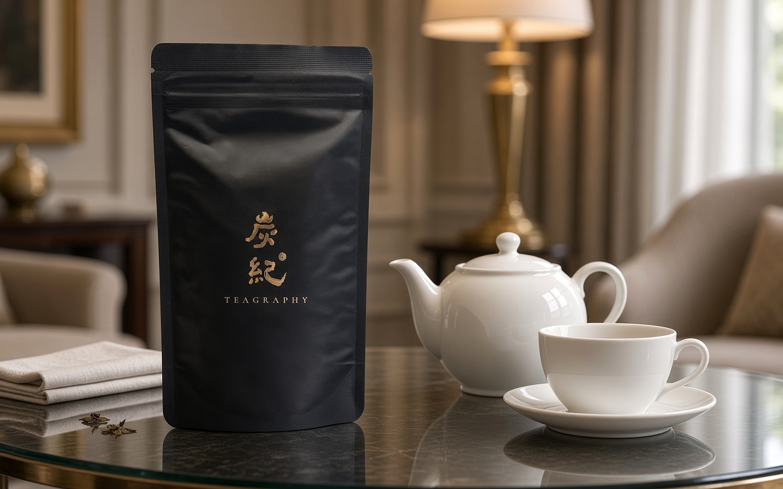 ホテルのラウンジで提供される炭紀の台湾烏龍茶とティーバッグ