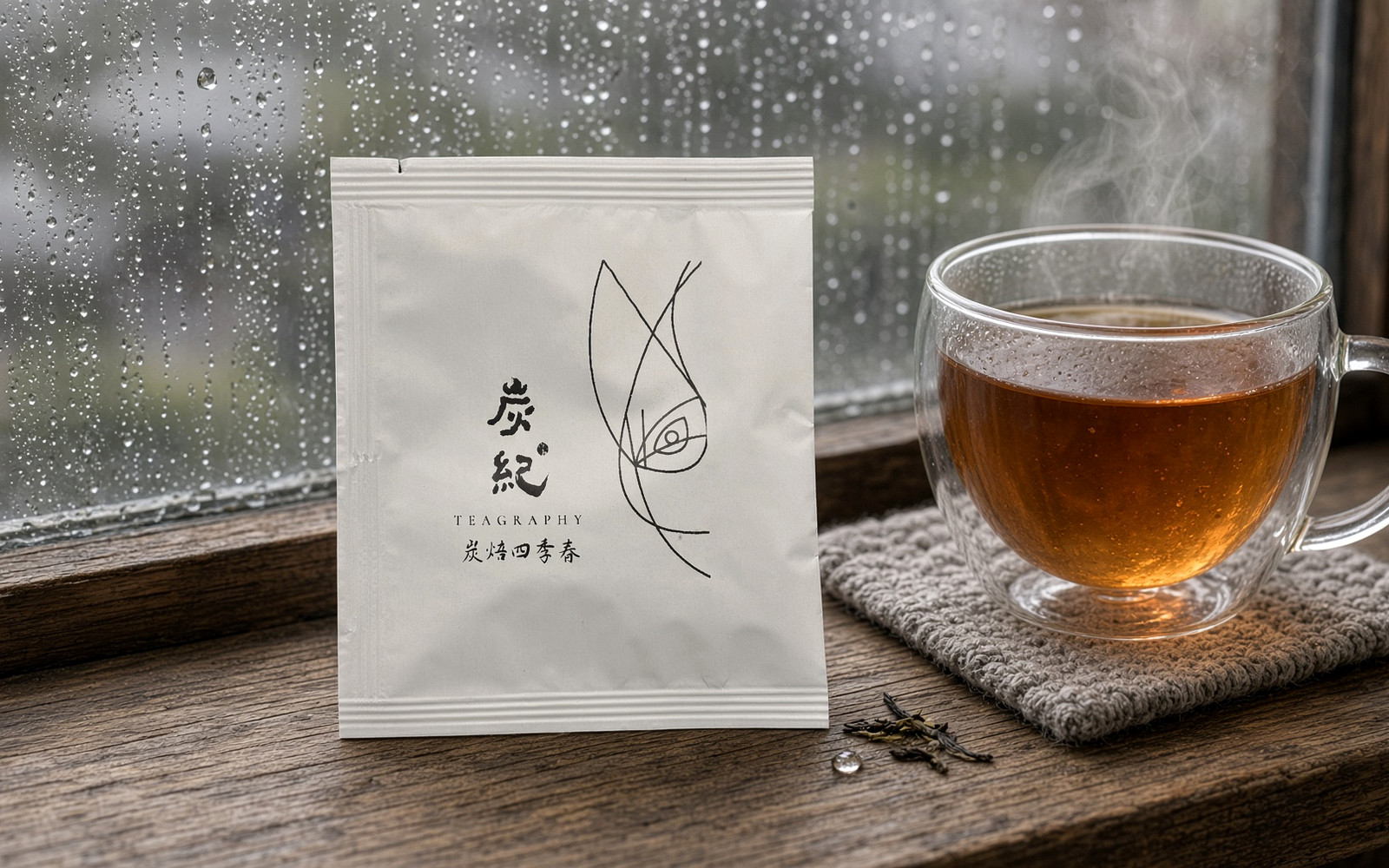カップで淹れた台湾烏龍茶と炭紀のティーバッグボックス