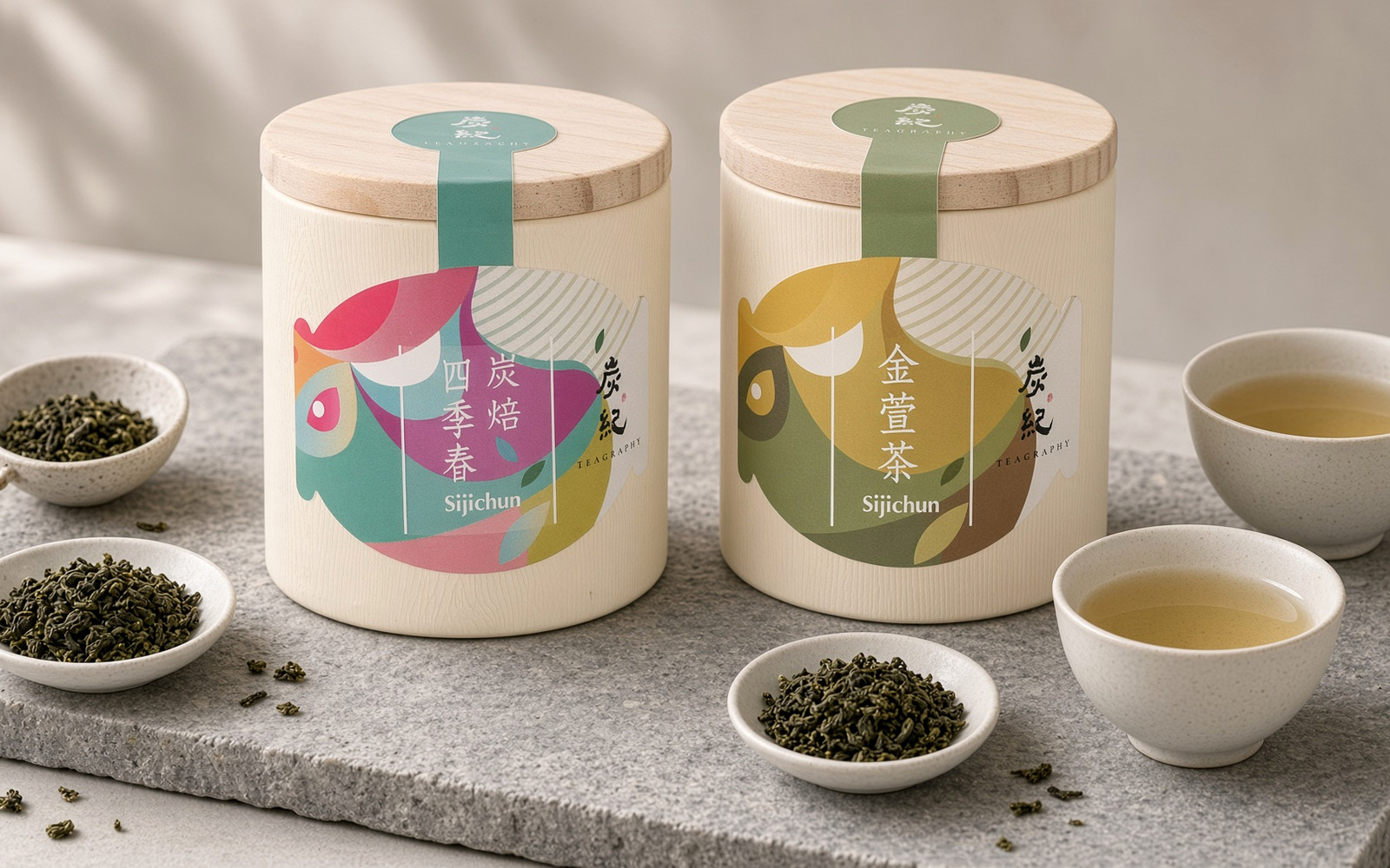 炭紀の台湾烏龍茶の茶葉缶と丸く揉み込まれた茶葉