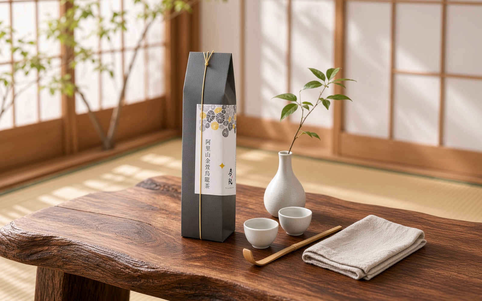 来客を迎える茶卓に置かれた炭紀の阿里山金萱烏龍茶
