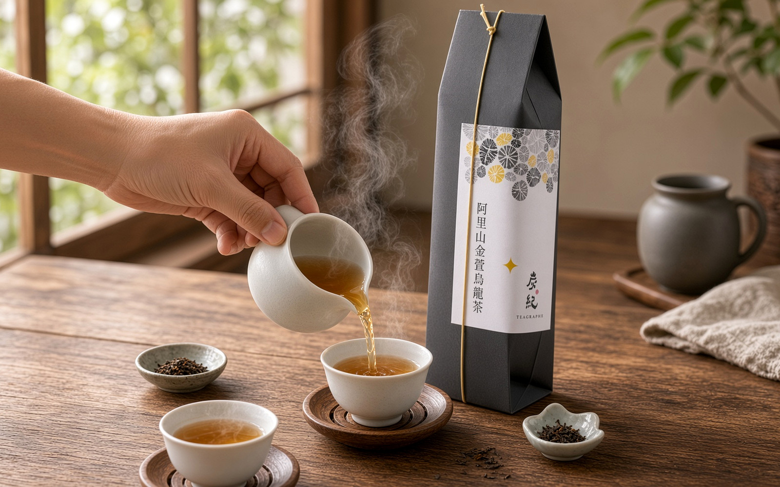 急須から茶杯に台湾烏龍茶を注ぎ分けるおもてなしの手元