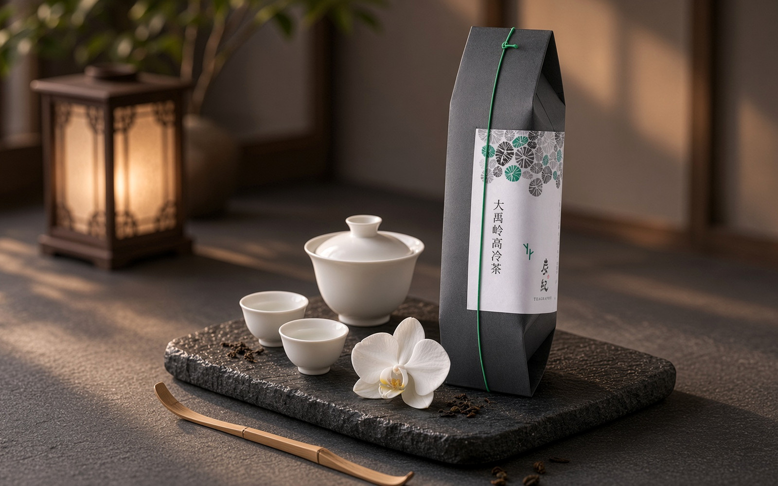 蓋碗と茶杯で大禹嶺高冷茶を楽しむ静かな茶席